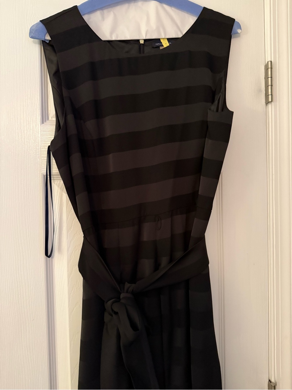Tommy Hilfiger Shimmery Black & Charcoal Striped Tie-Waist Midi Dress